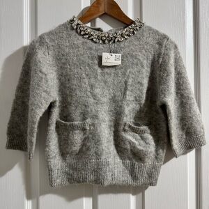 Zara Gray Sweater with Rhinestone Collar Holiday Party 3/4 Sleeve Size Small S